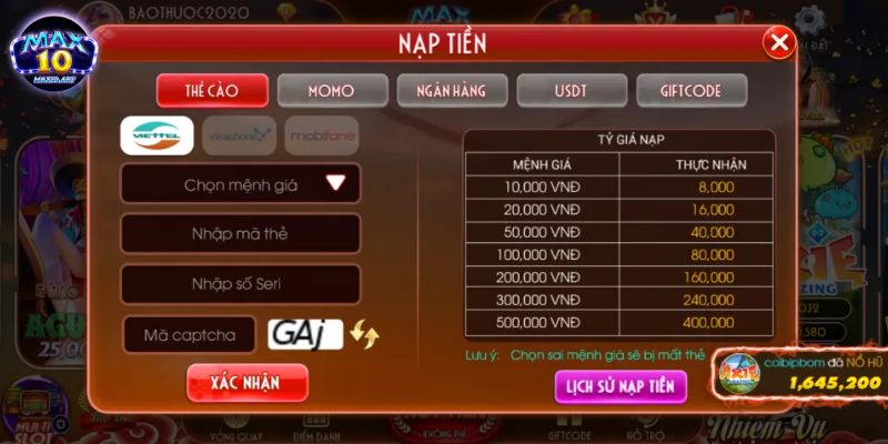 max10 nap tien Thao tác nạp tiền Max10 đơn giản